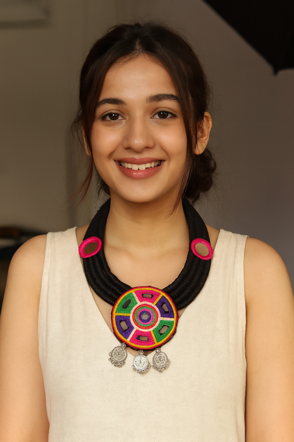 Bohemian Multicolor Embroidered Necklace with Coin Charms
