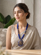 Boho Blue Tibetan Mosaic Circular Pendant Statement Necklace
