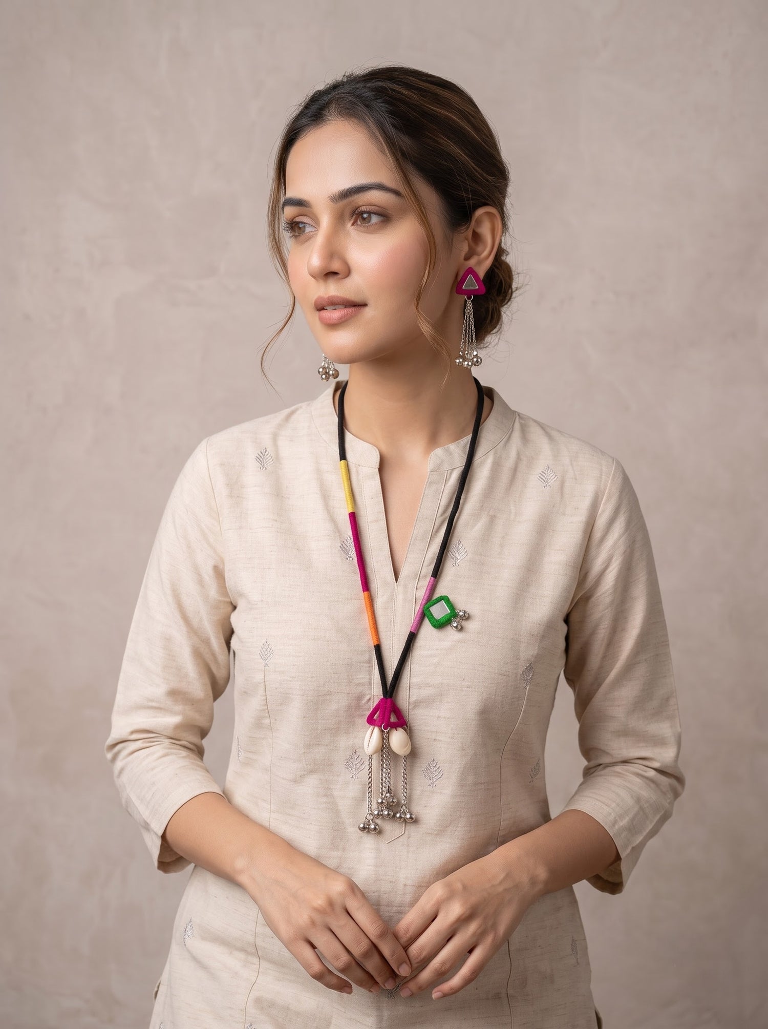 Boho Neon Colour Block Tribal Cowrie & Ghungroo Necklace Set