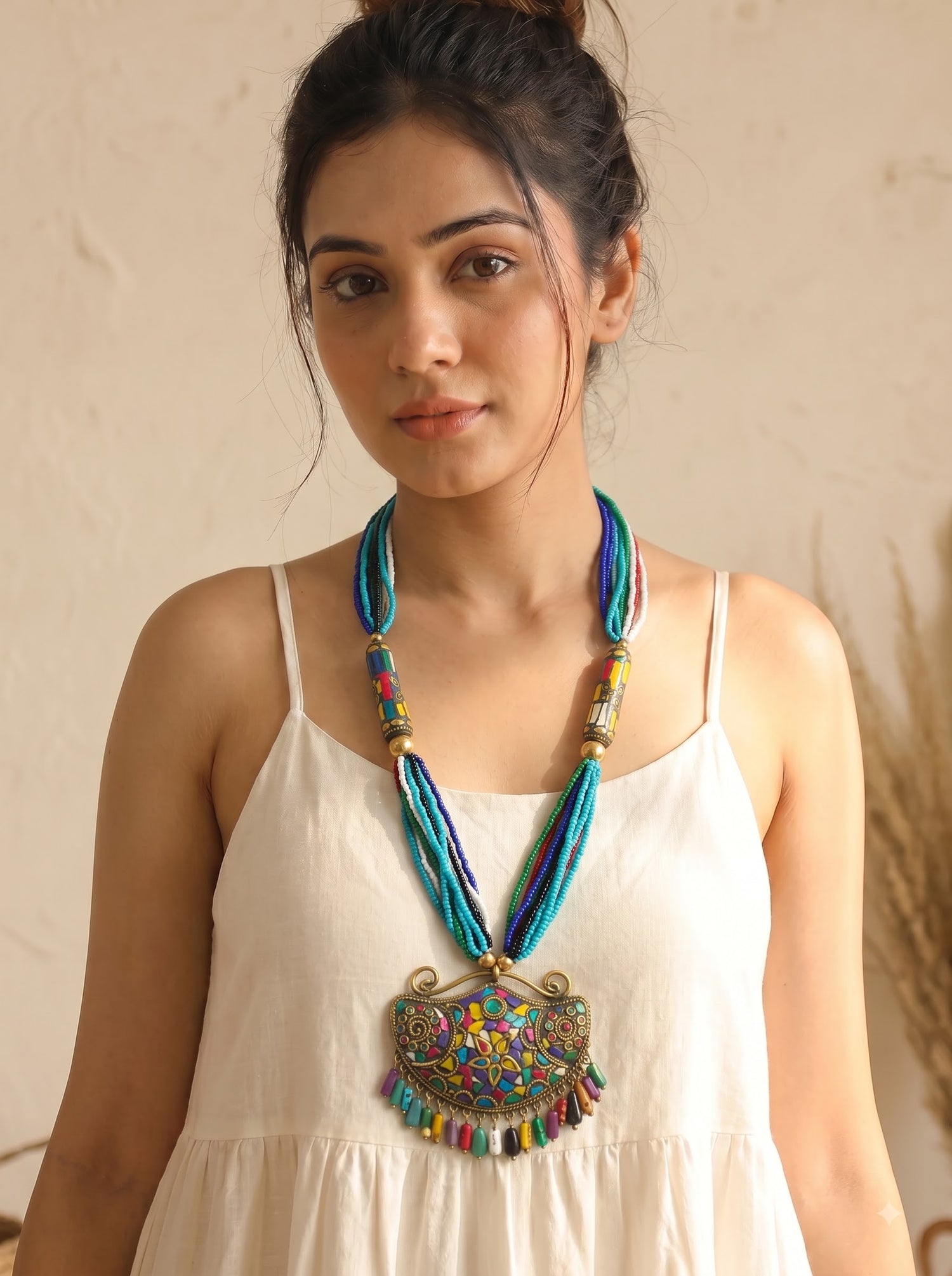 Boho Tibetan Mosaic Pendant Rainbow Seed Bead Statement Necklace