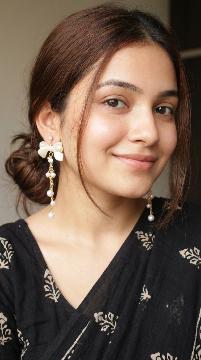 Bow Motifs Long Pearl Tassels Earrings