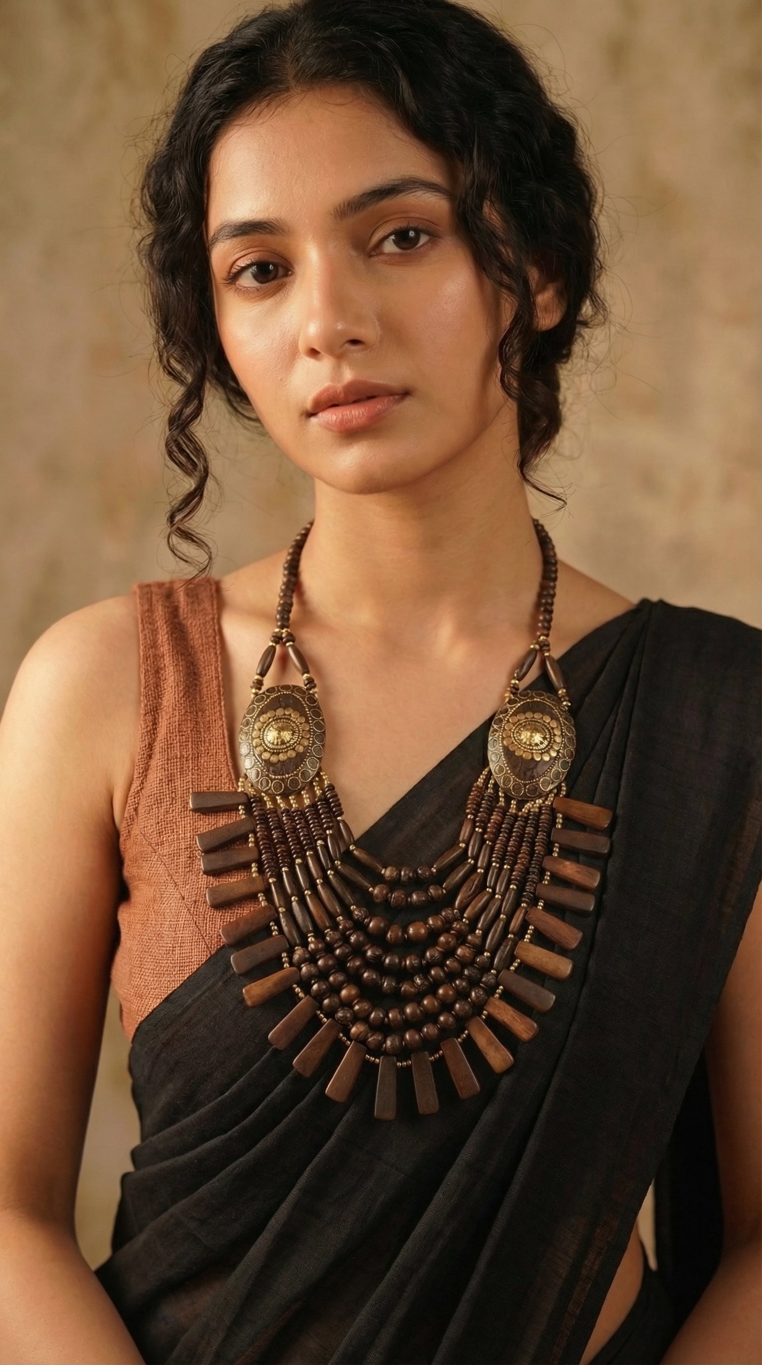 Brown and Gold Bone Beads Handcrafted Multi-Layer African Tribal Necklace