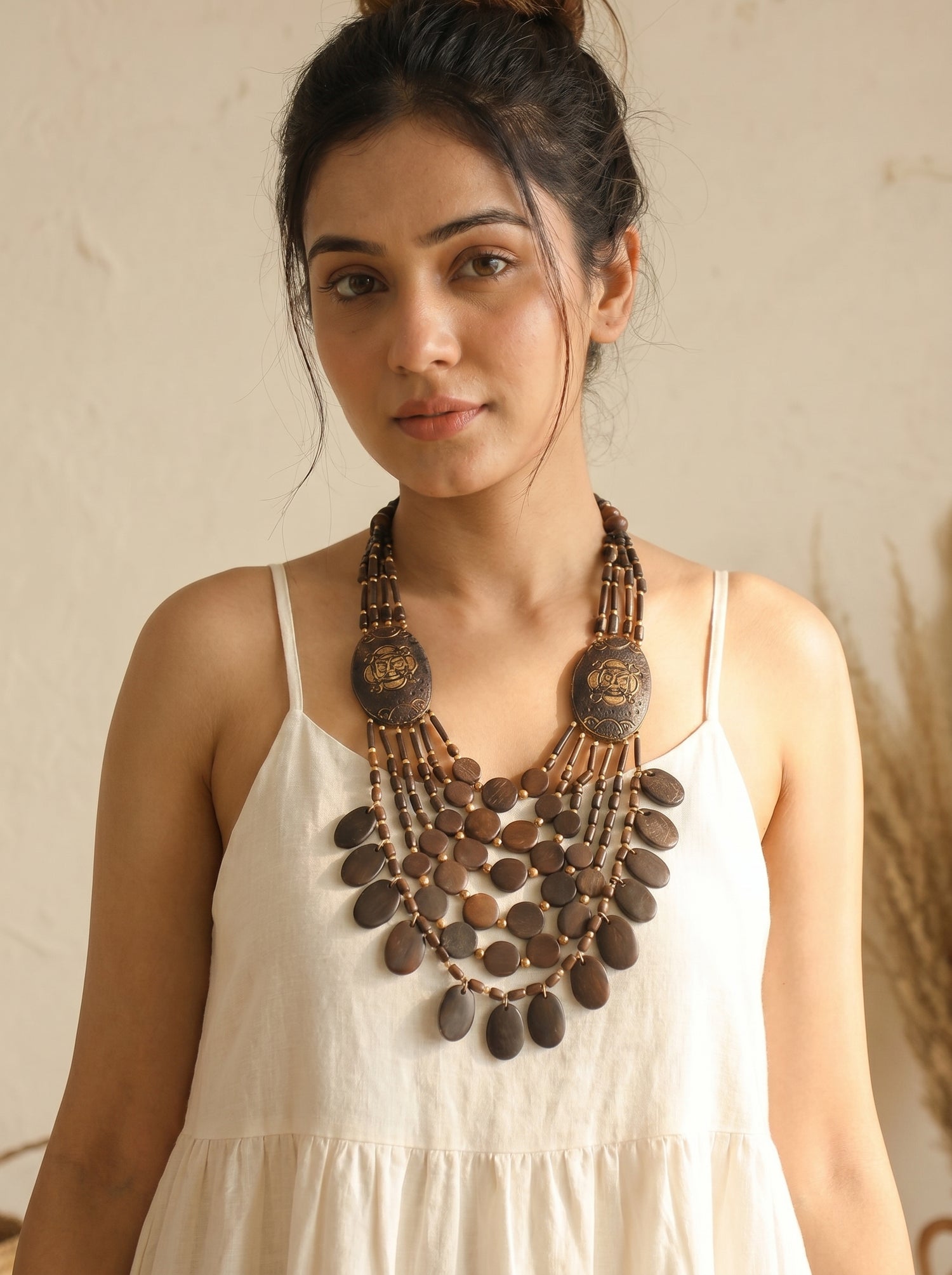 Brown and Gold Bone Beads Statement Necklace with Tibetan Details