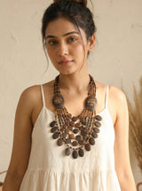 Brown and Gold Bone Beads Statement Necklace with Tibetan Details