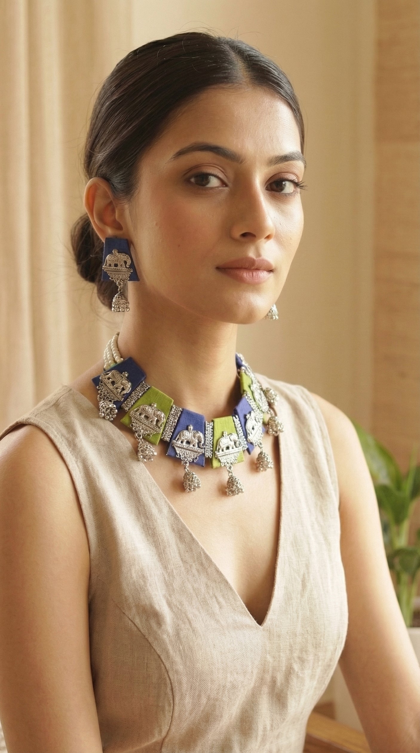 Blue and Green Fabric Tiles Choker Necklace Set with Elephant Charms