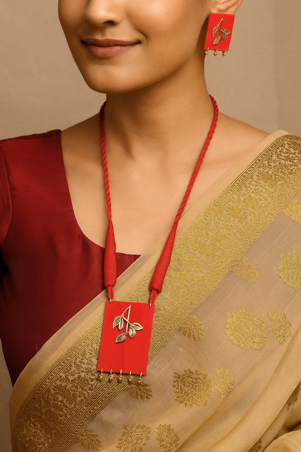 Red Fabric Necklace Set with Metal Leaves and Beads Detailing