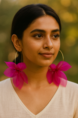 Pink Organza Fabric Flower Gold Toned Hoop Earrings