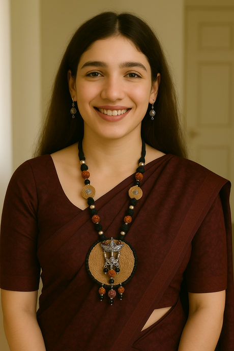Jute, Fabric Beads and Rudraksha Durga Motif Necklace Set