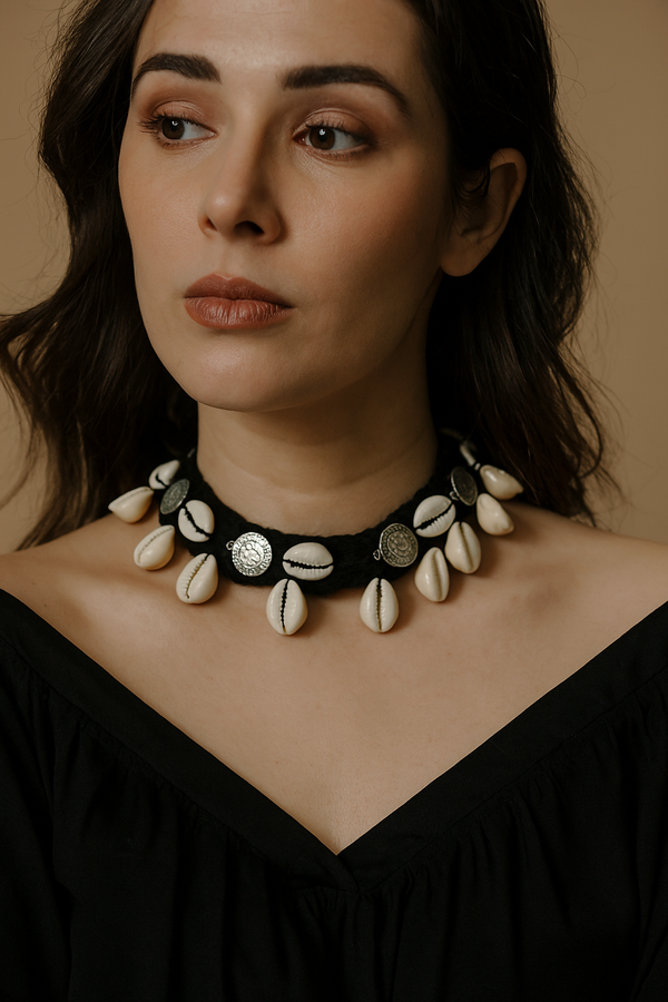 Black Braided Fabric Threads Choker Necklace Set with Shells and Stamped Coins