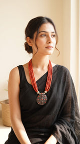 Coral Beads Oxidised Finish Metal Brass Pendant Necklace
