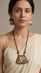 Cream & Black Hand-Painted Lord Ganesha Ceramic Necklace Set