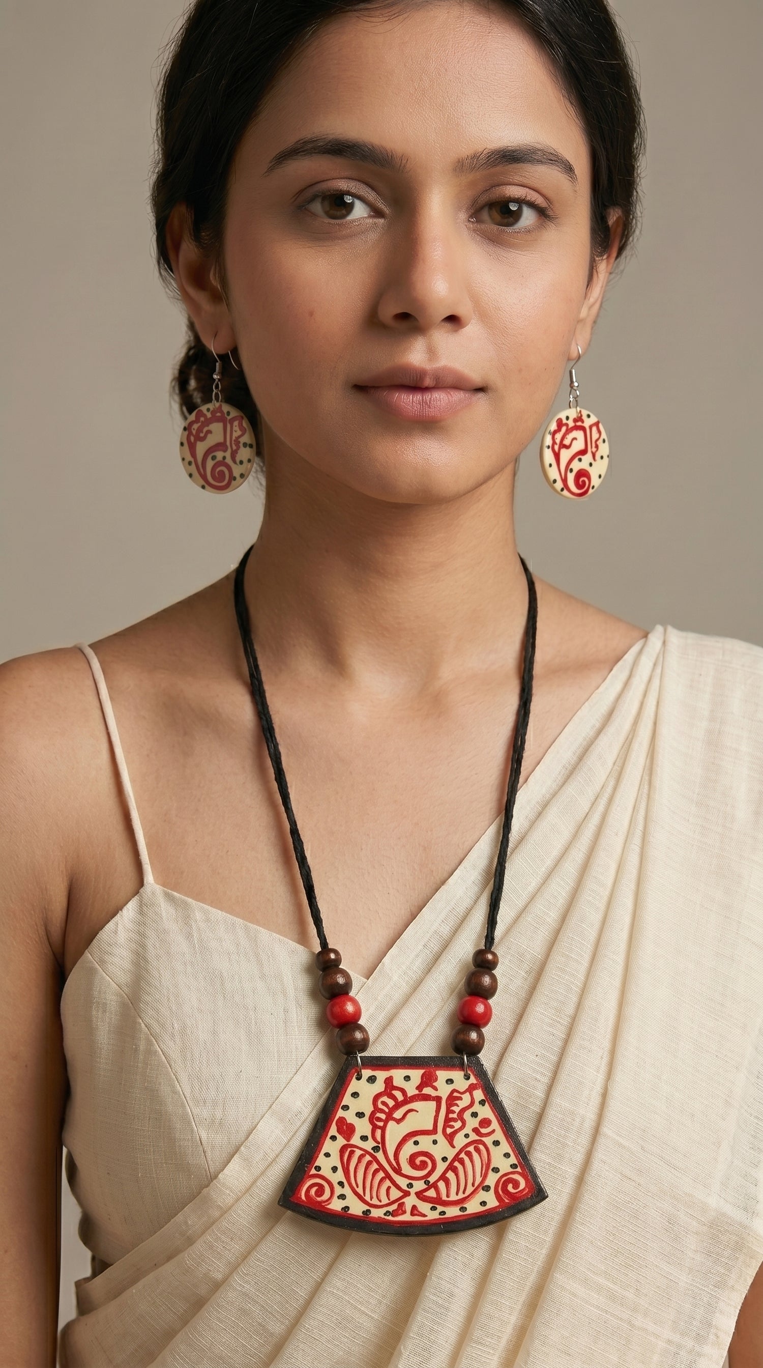 Cream & Red Hand-Painted Lord Ganesha Ceramic Necklace Set