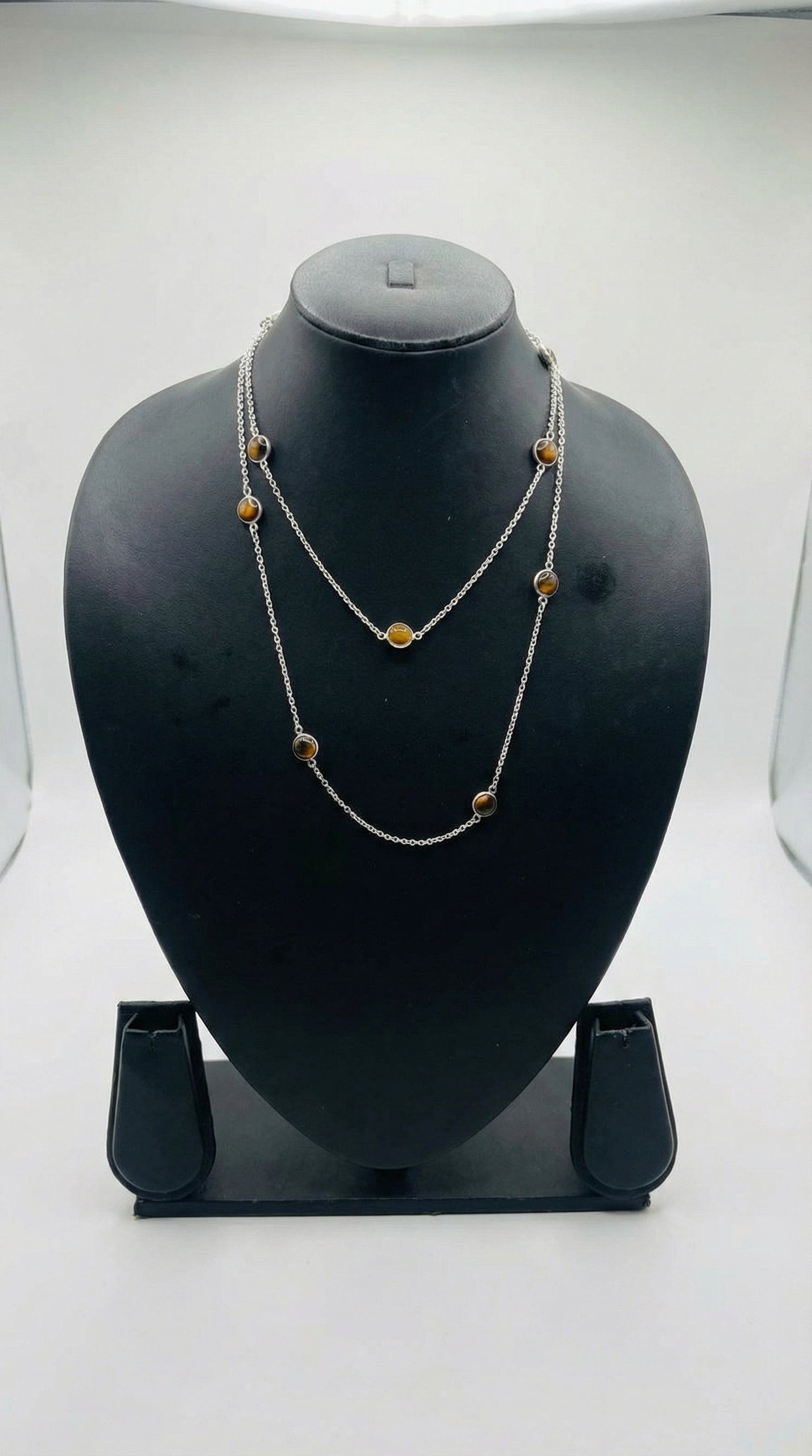 Shaded Brown Natural Gemstones Embedded Silver Chain Necklace