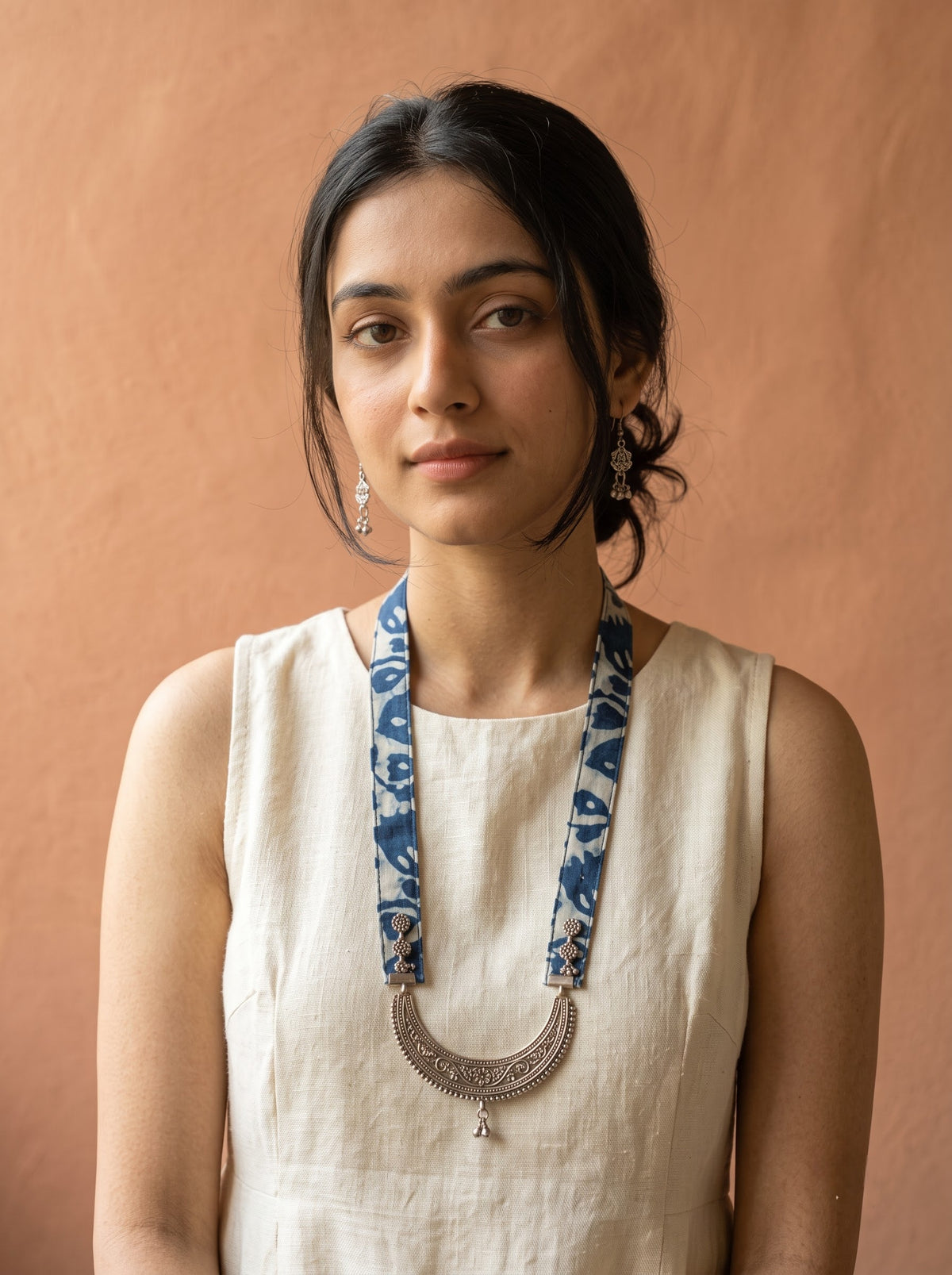 Crescent Moon Shaped Statement Pendant Collar Necklace with Indigo Fabric
