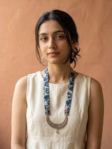 Crescent Moon Shaped Statement Pendant Collar Necklace with Indigo Fabric