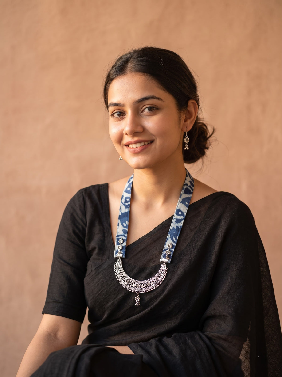 Crescent Moon Shaped Statement Pendant Collar Necklace with Indigo Fabric