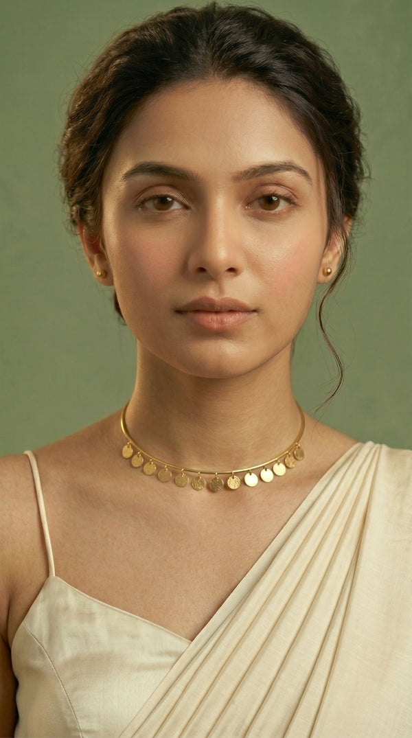 Dainty Gold Coin Disc Multi-Charm Rigid Wire Choker Necklace