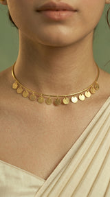 Dainty Gold Coin Disc Multi-Charm Rigid Wire Choker Necklace