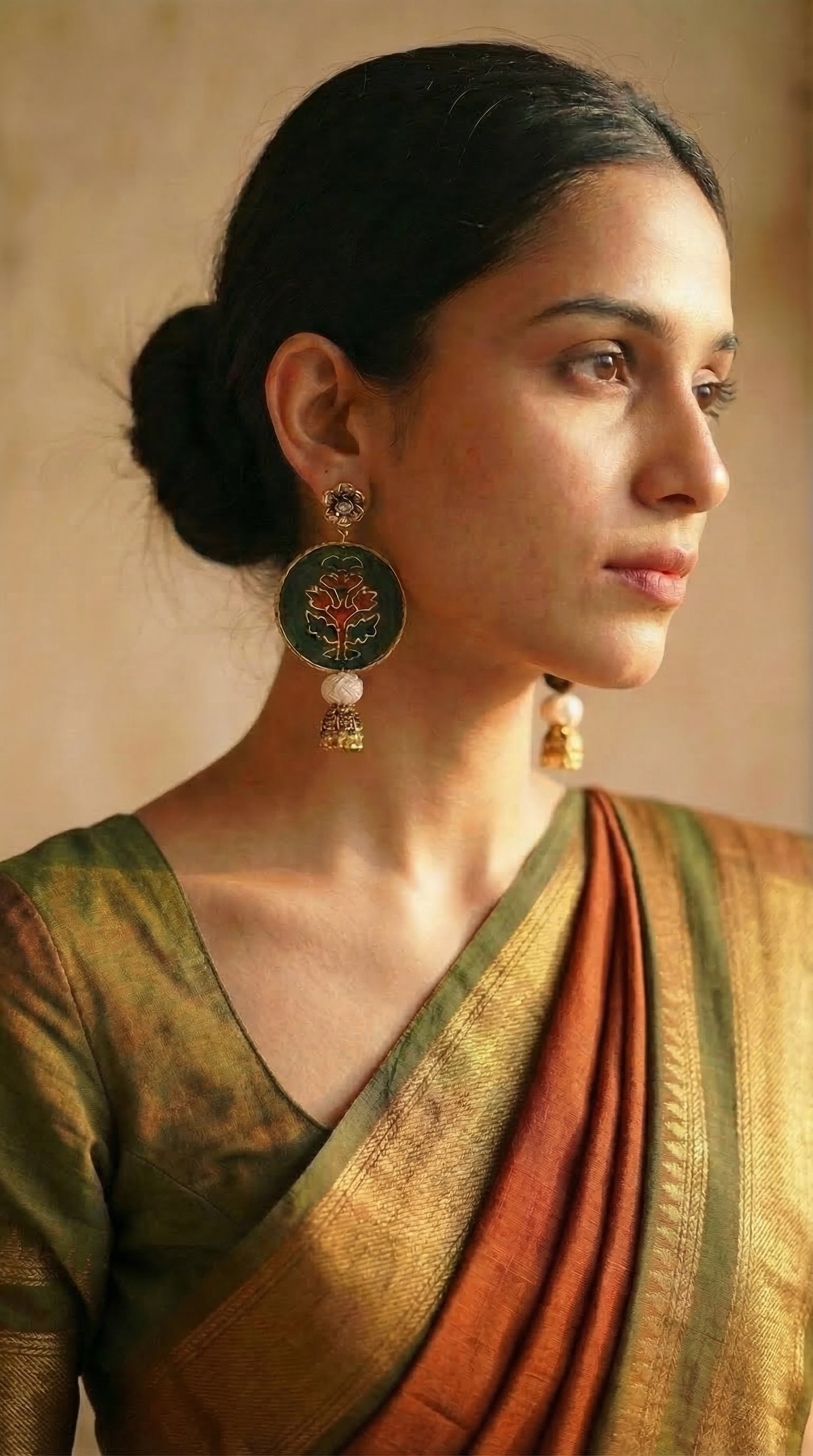 Dark Green Batik Round & Gold Metal Accents Fabric Jhumka Earrings
