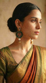 Dark Green Batik Round & Gold Metal Accents Fabric Jhumka Earrings