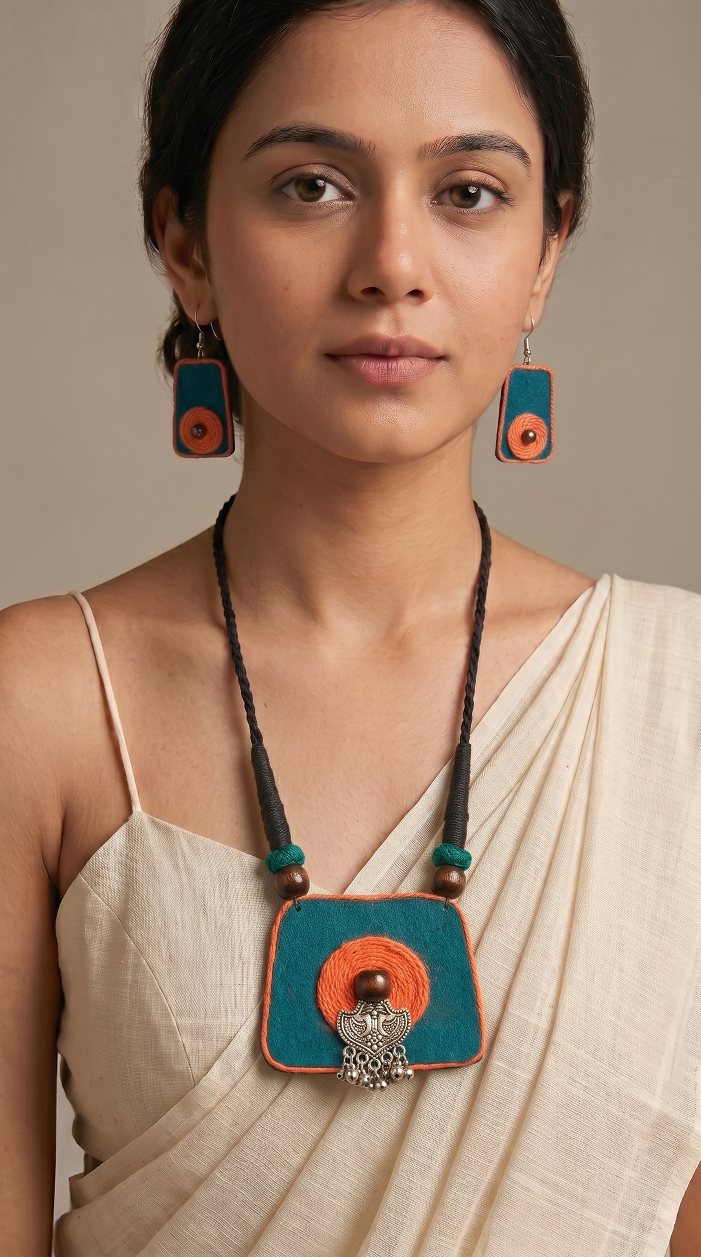 Deep Teal and Orange Handmade Fabric and Jute Necklace Set