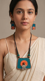Deep Teal and Orange Handmade Fabric and Jute Necklace Set