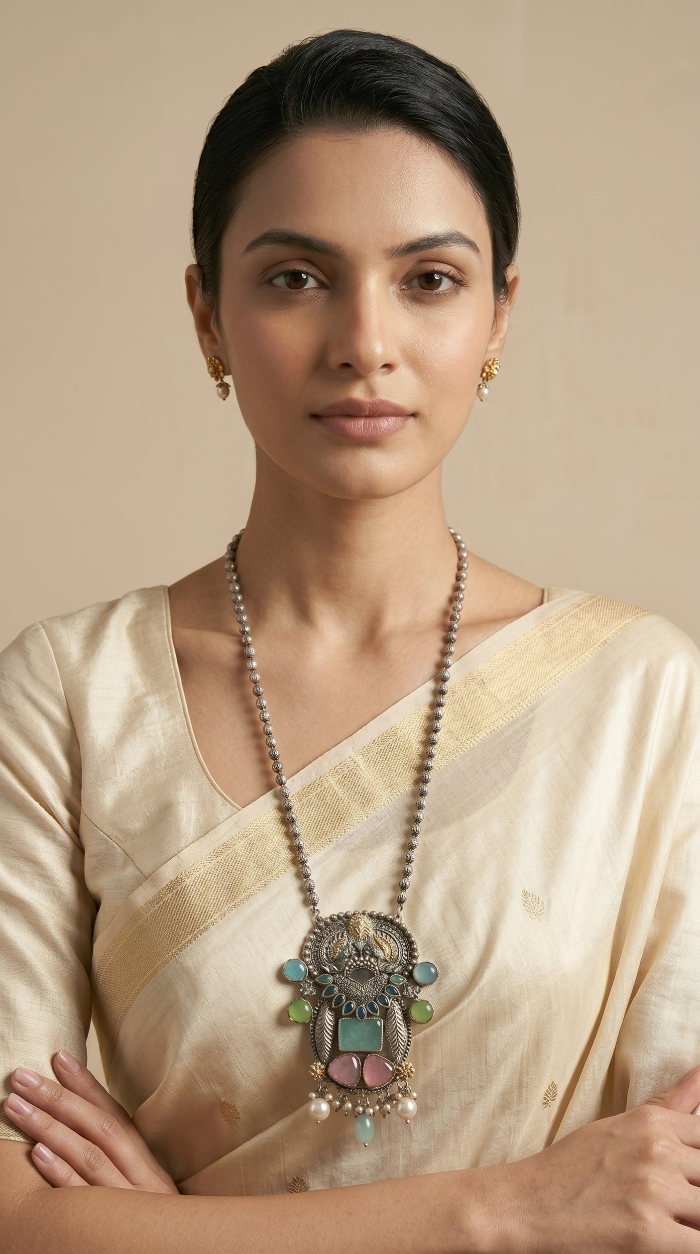 Dual Tone Mughal Filigree Multi-Gemstone Pendant Necklace on Silver Bead Chain