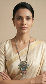 Dual Tone Mughal Filigree Multi-Gemstone Pendant Necklace on Silver Bead Chain