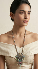 Dual Tone Mughal Filigree Multi-Gemstone Pendant Necklace on Silver Bead Chain