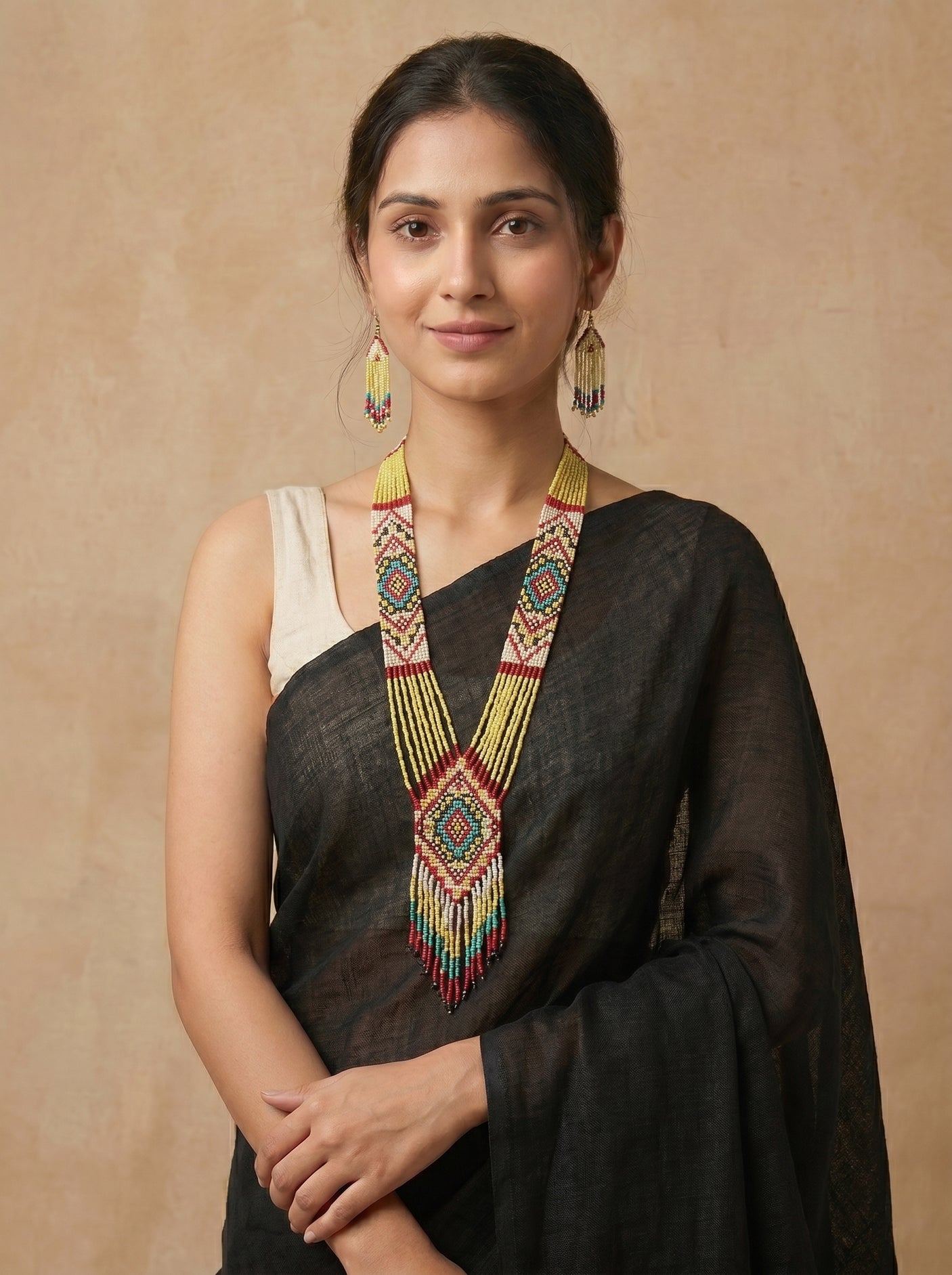 Dull Yellow and Red Hand Beaded Long Necklace Set