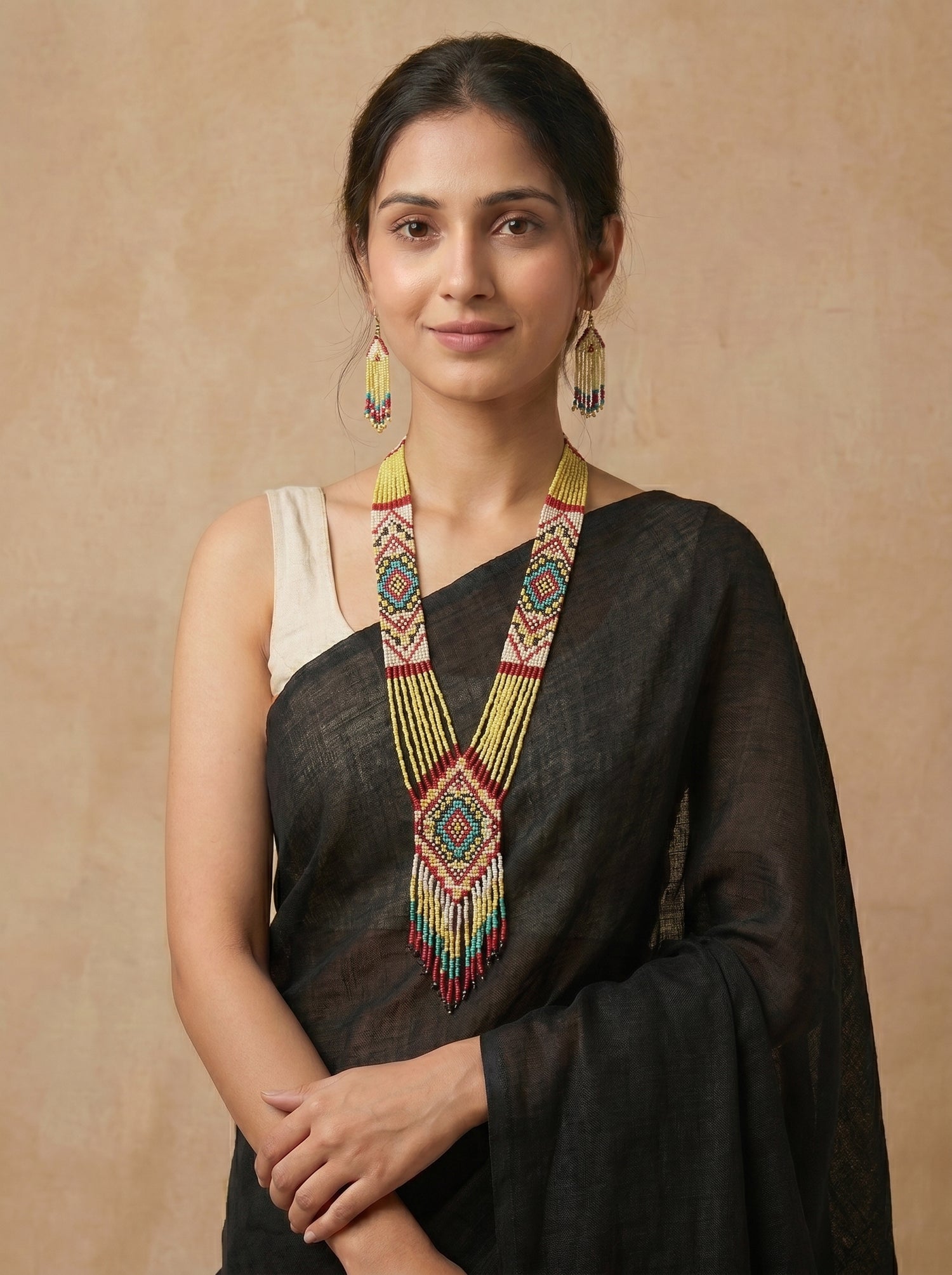 Dull Yellow and Red Hand Beaded Long Necklace Set