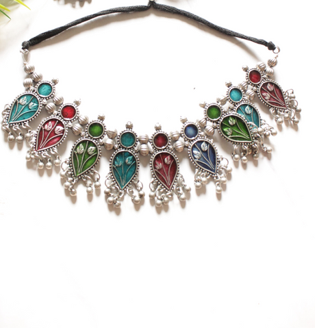 Multi-Color Enamel Painted Choker Necklace Set with Ghungroo Beads