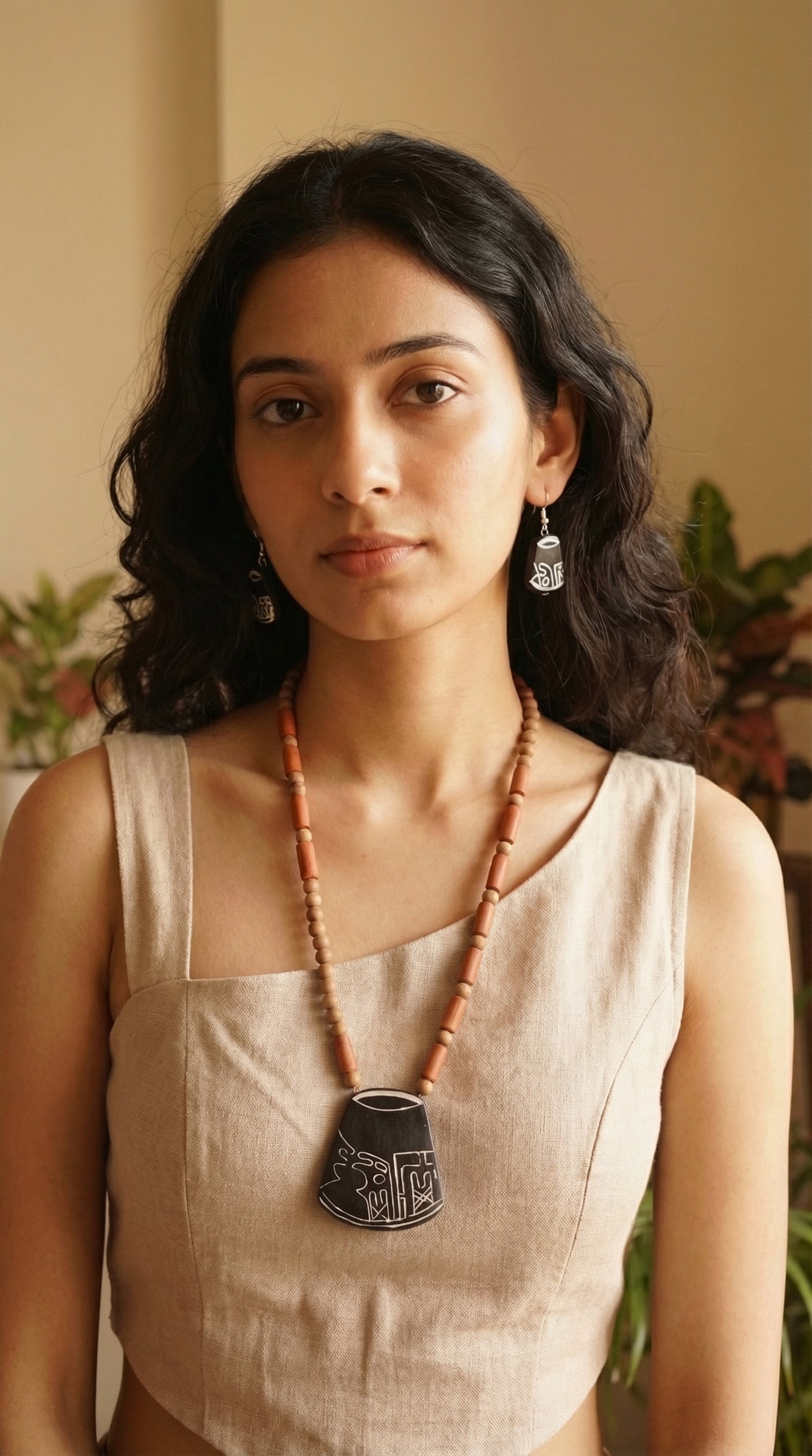 Earthy Hand Painted Terracotta Clay Necklace Set