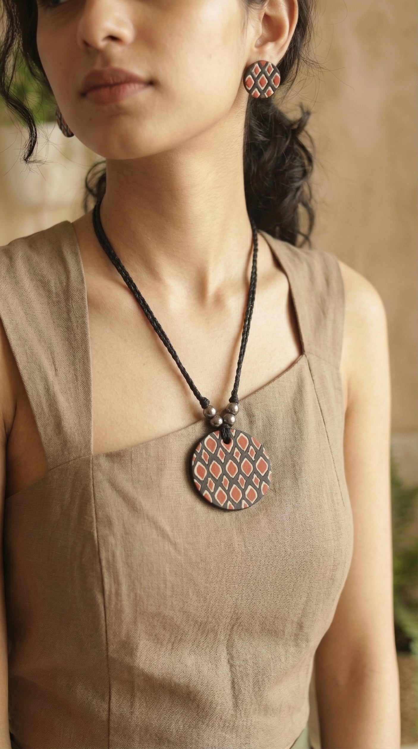 Earthy Hand Painted Terracotta Clay Pendant Necklace Set