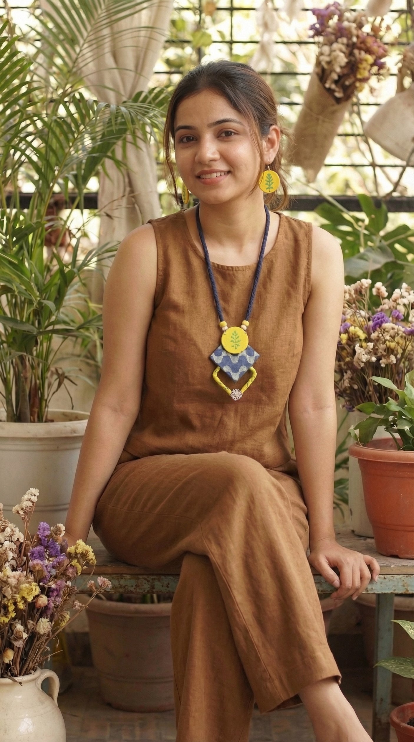 Earthy Indigo & Yellow Fabric Choker Necklace Set with Stud Earrings and Adjustable Thread Closure