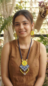 Earthy Indigo & Yellow Fabric Choker Necklace Set with Stud Earrings and Adjustable Thread Closure
