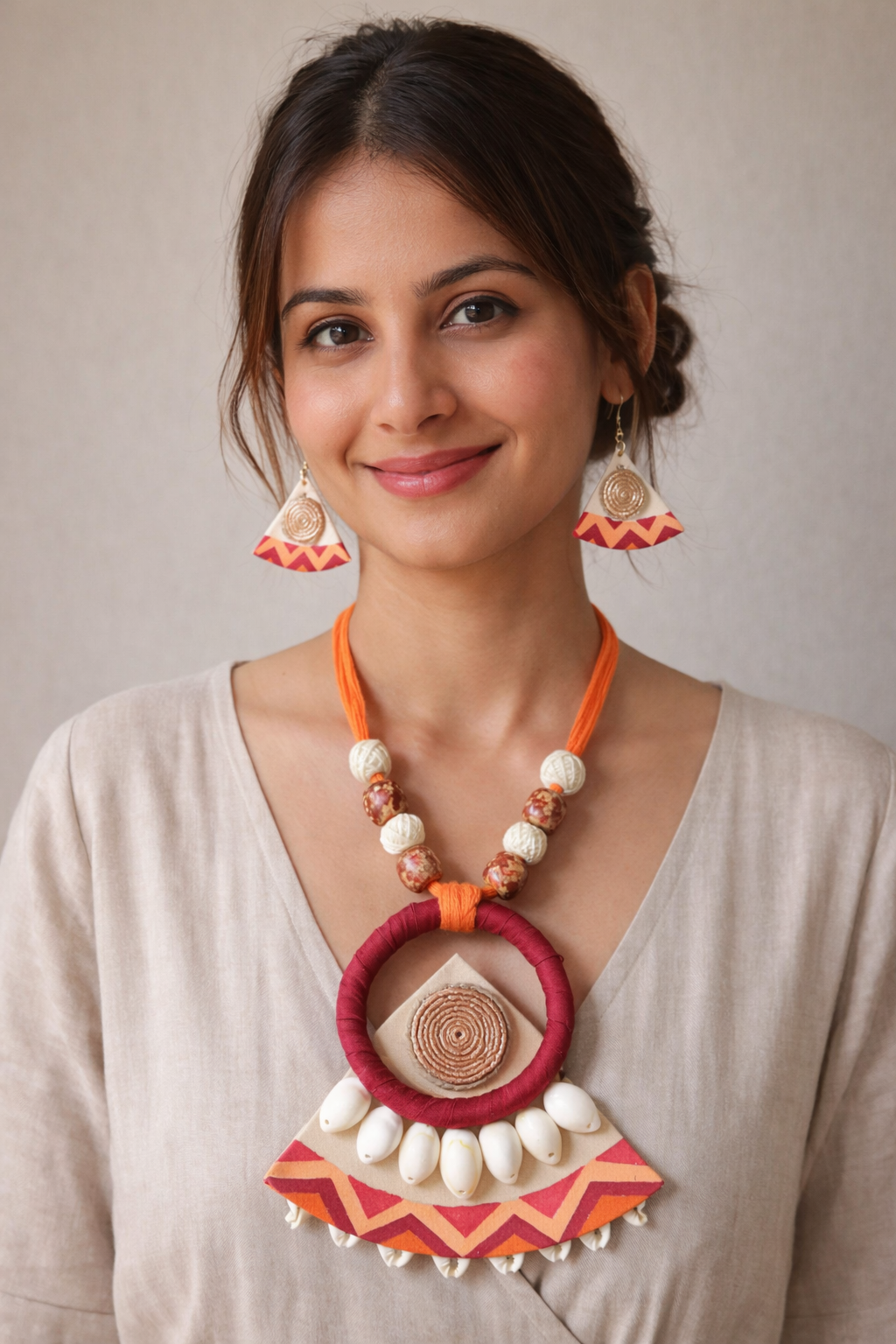 Earthy Multi-Color Fabric Handcrafted and Hand Painted Shell Work Necklace Set