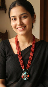 Earthy Orange Beads Multi-Layer Hand Braided Necklace with Tribal Pendant