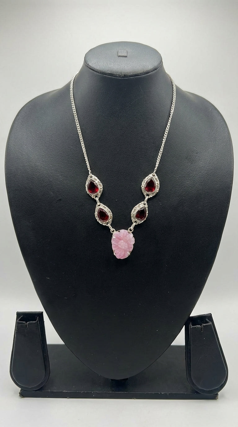 Red and Pink Natural Gemstones Embedded Silver Chain Necklace