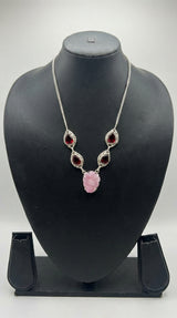Red and Pink Natural Gemstones Embedded Silver Chain Necklace