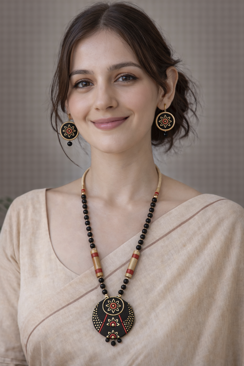 Elegant Handcrafted Black & Golden Terracotta Clay Necklace Set