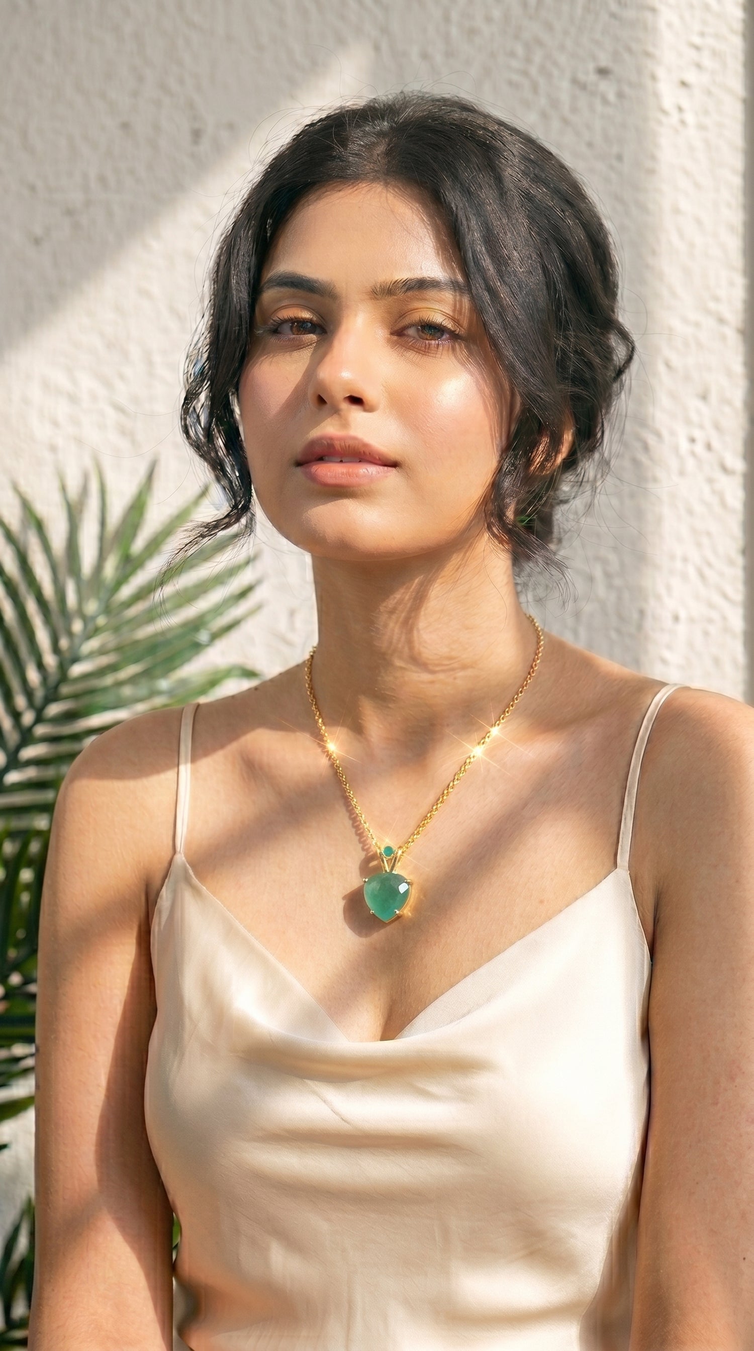 Emerald Drop Natural Gemstone Embedded Gold Tone Long Chain Necklace