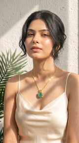 Emerald Drop Natural Gemstone Embedded Gold Tone Long Chain Necklace