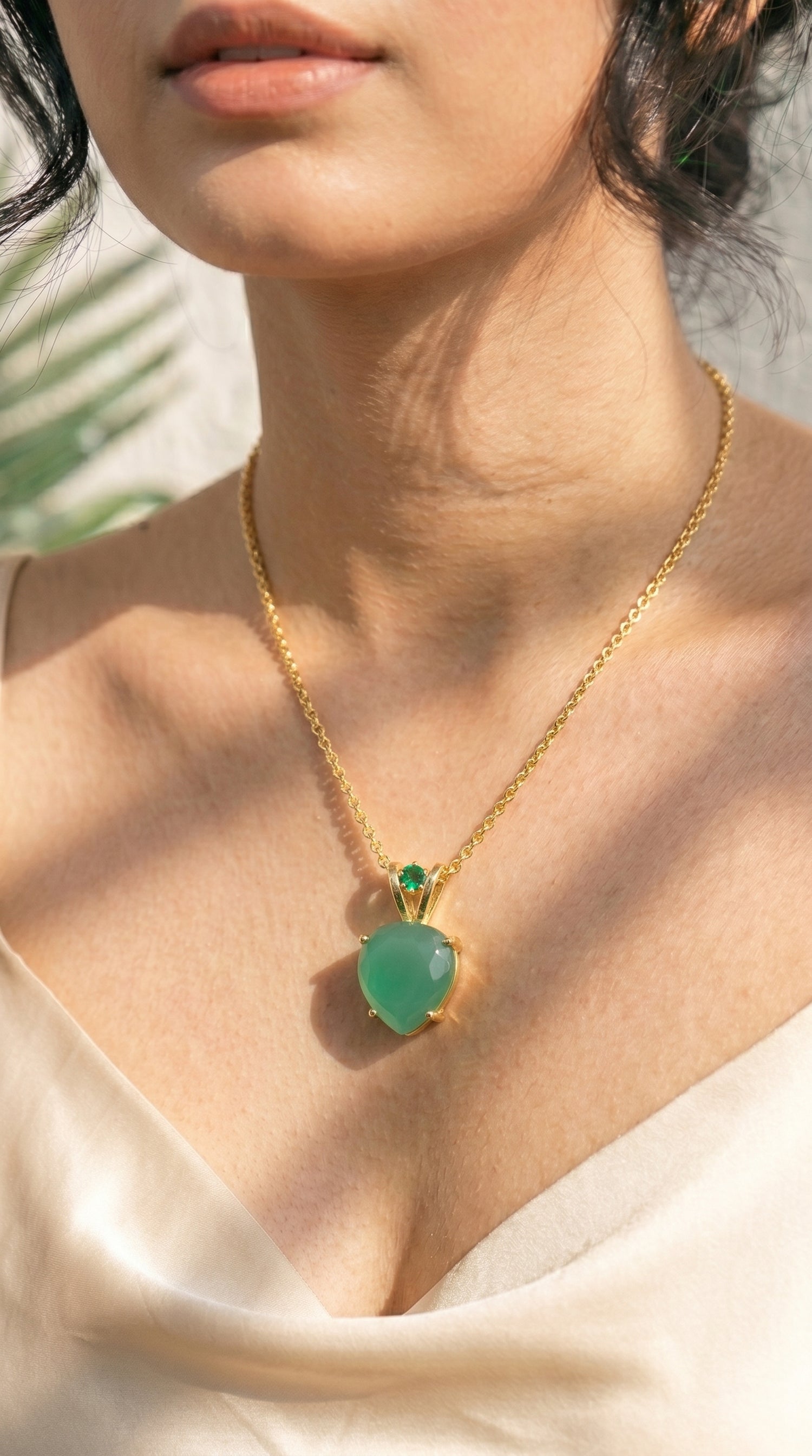 Emerald Drop Natural Gemstone Embedded Gold Tone Long Chain Necklace
