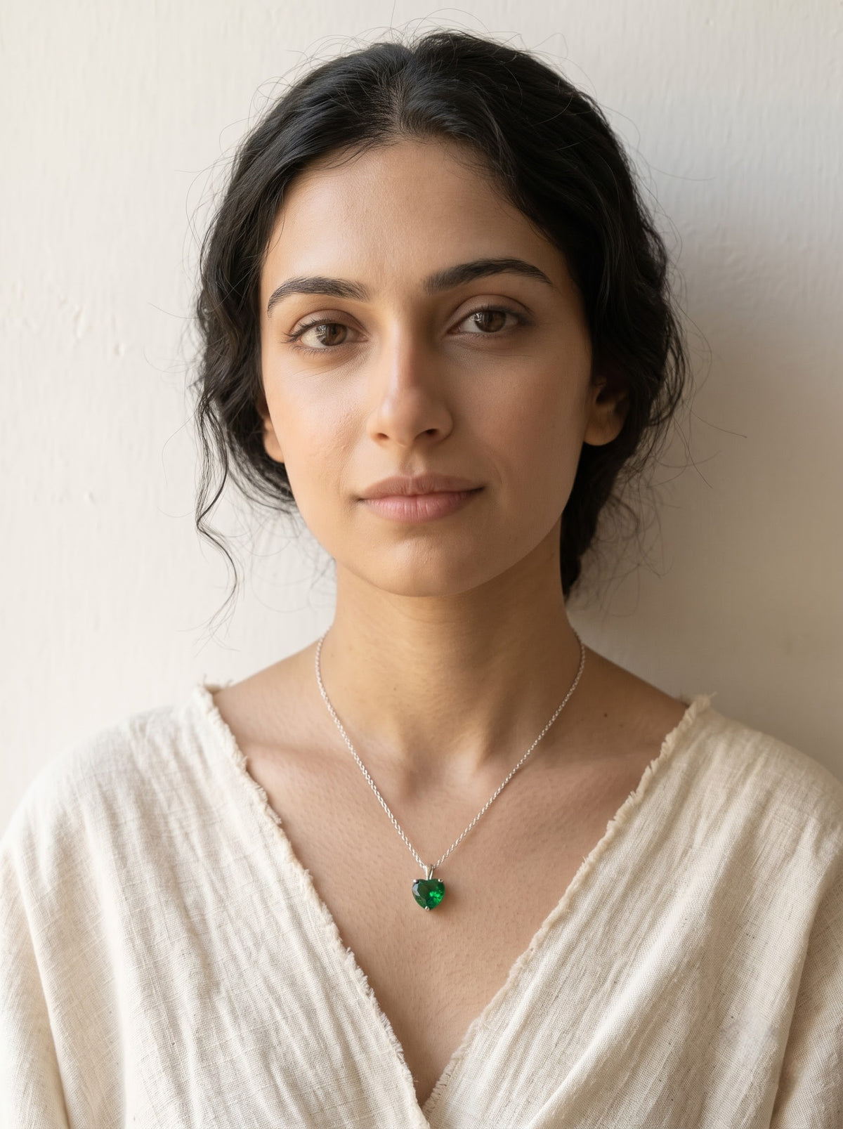 Emerald Green Heart Crystal Solitaire on Dainty Silver Chain Necklace