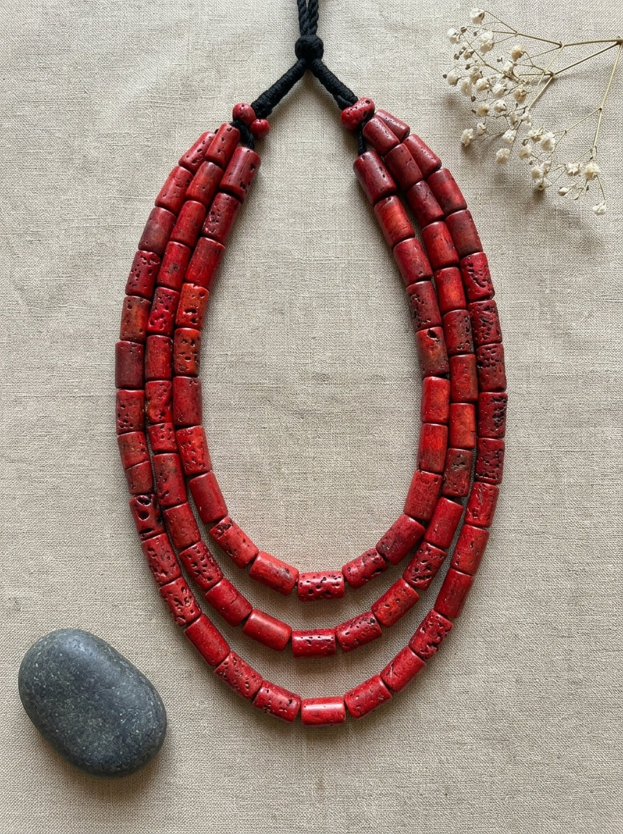 Red Coral Barrel Three Layer Bead Necklace