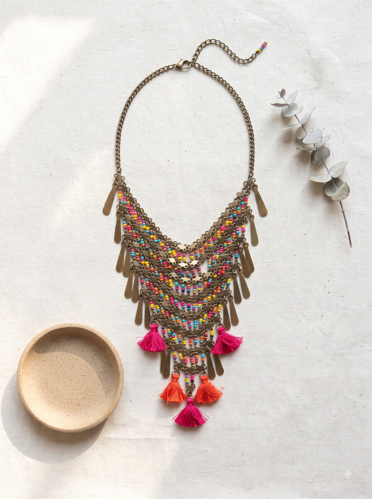 Metal Accents and Multi Color Beads Gold Finish Boho Necklace