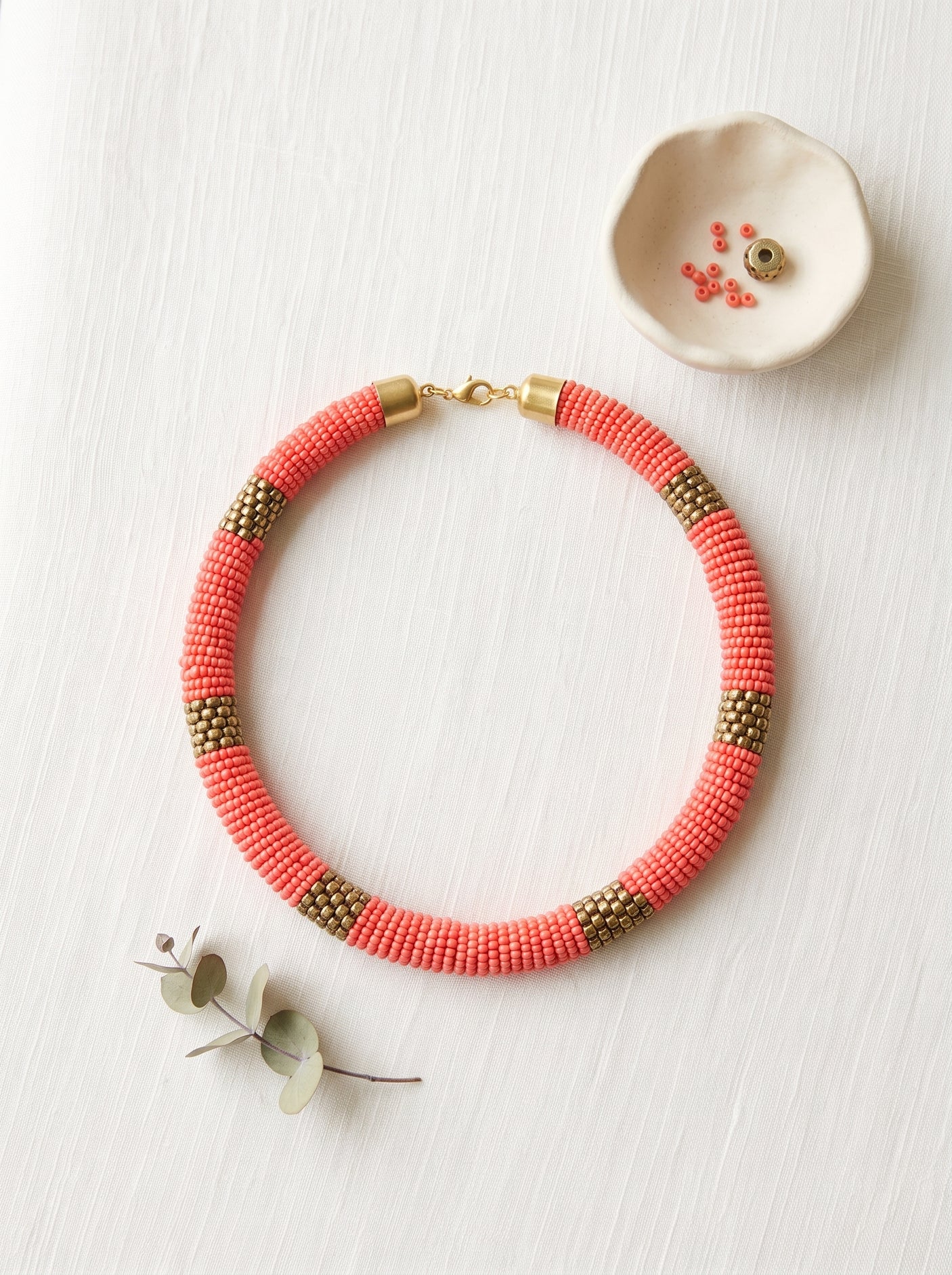 Coral and Bronze Beaded Choker Necklace