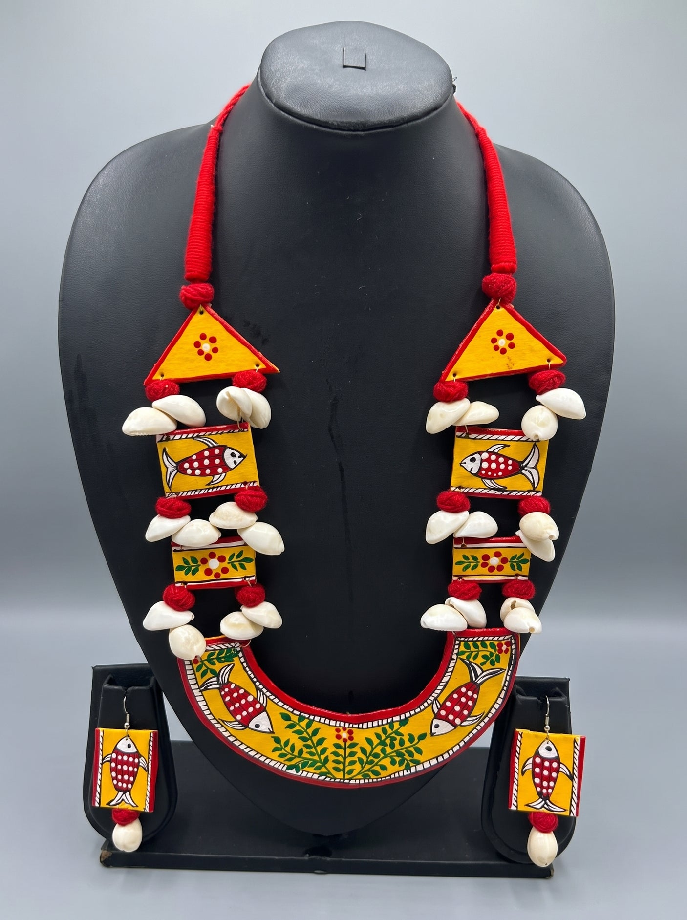 Hand-Painted Tribal Fish Motifs Yellow and Red Hanmade Fabric Necklace