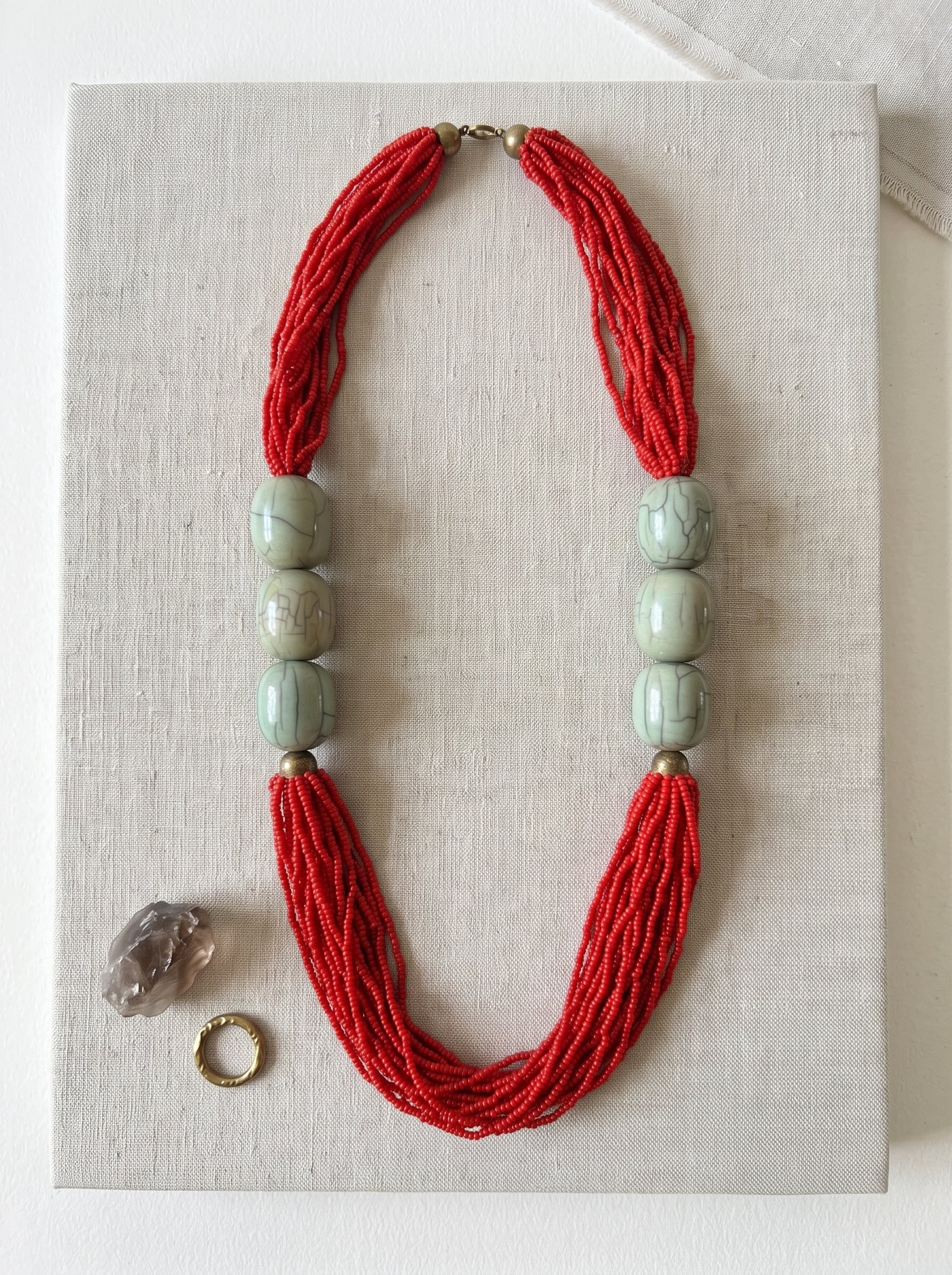 Red Seed Bead Necklace with Sage Green Stone Beads